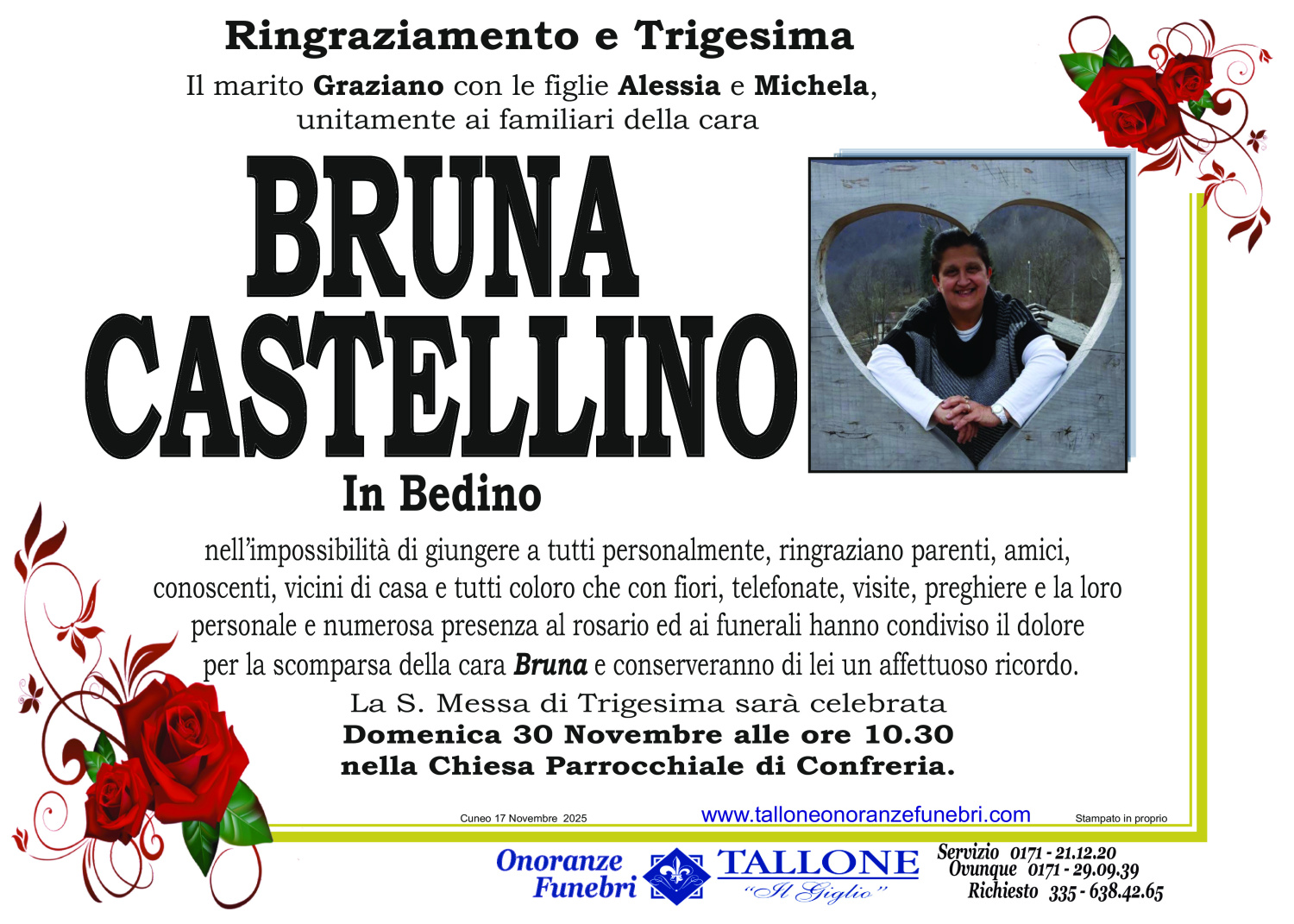 <br />
<b>Warning</b>:  Undefined variable $info in <b>/home/tallone/public_html/ringraziamenti.php</b> on line <b>68</b><br />
Bruna Castellino